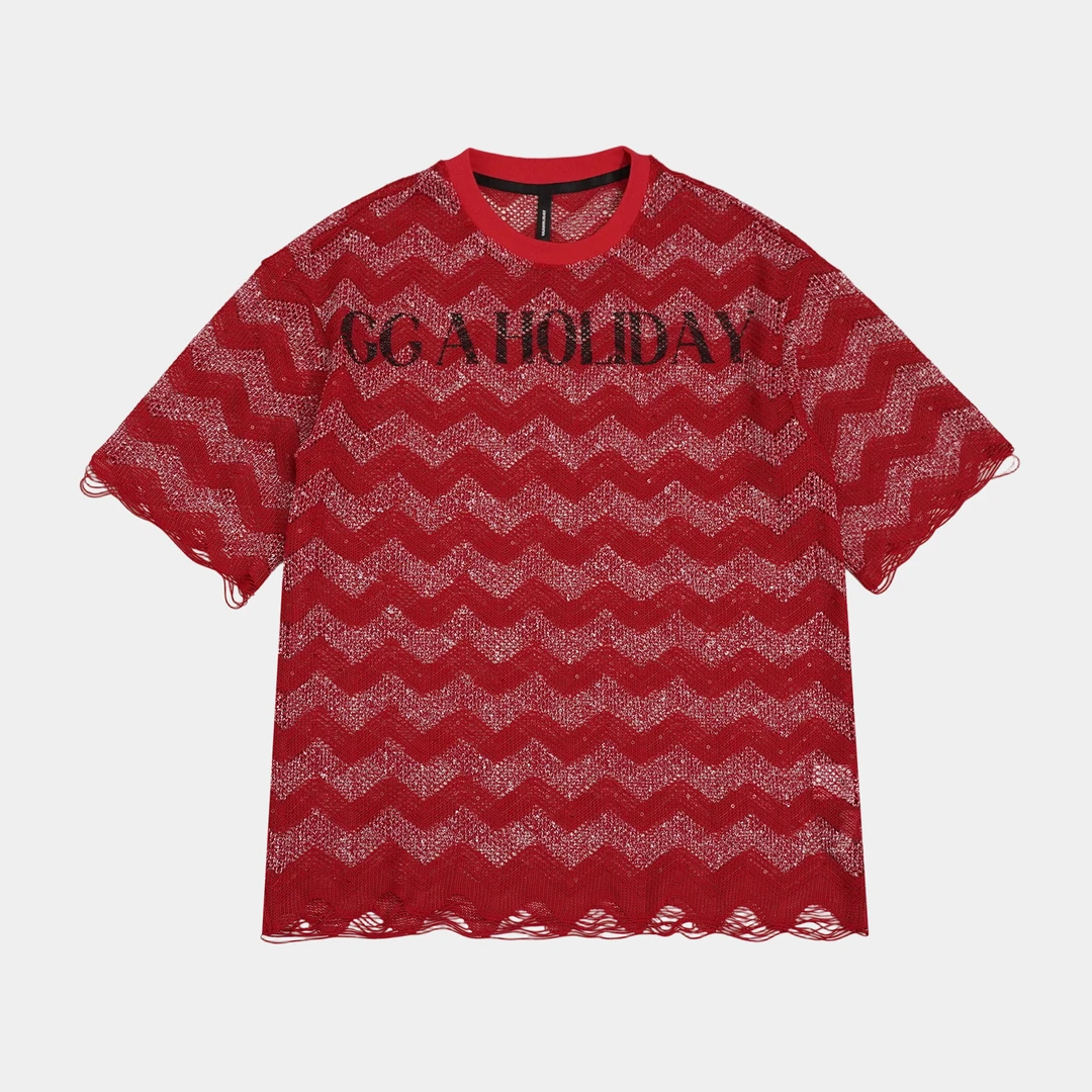 25N夏季轻奢高级感美式街头休闲百搭时尚针织镂空短袖T恤-152424