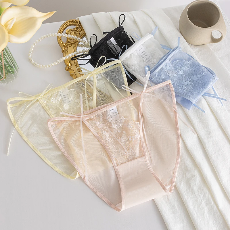 性感镂空蝴蝶结绑带女蕾丝内裤中腰透气舒适花朵三角蕾丝内裤