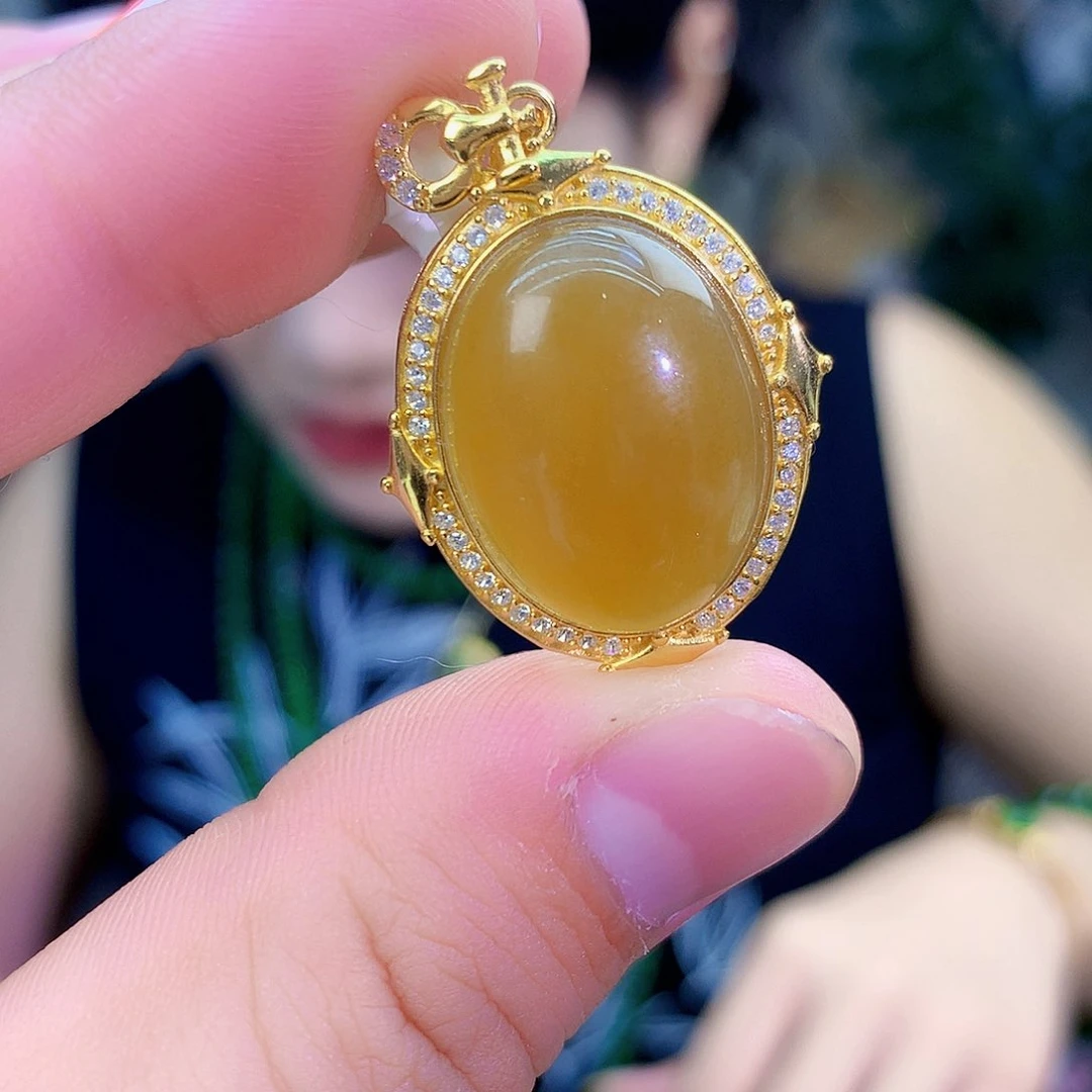 吊坠(不含链)银S925镶嵌和田玉（糖玉）吊坠
