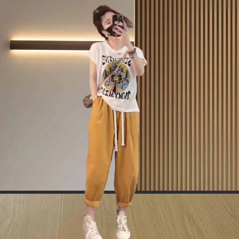 复古港风套装女2025夏季新设计感个性图案T恤束脚裤百搭两件套
