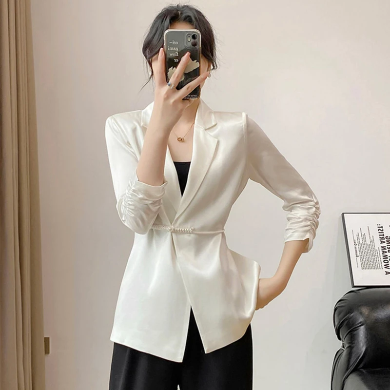 2025新款春夏季新中式白色西服一粒扣修身收腰盘扣醋酸西装外套女
