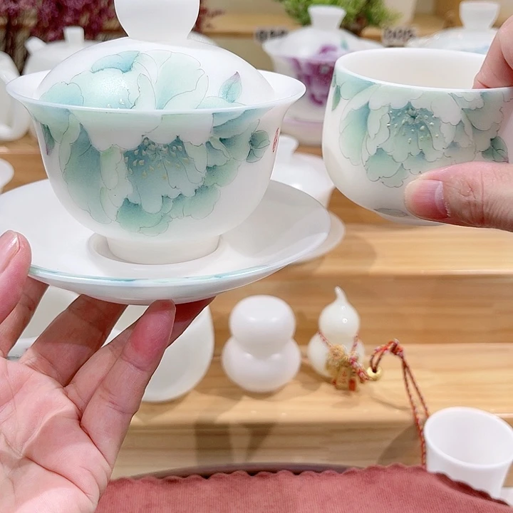 绿盖碗素烧手绘绿牡丹160-111111