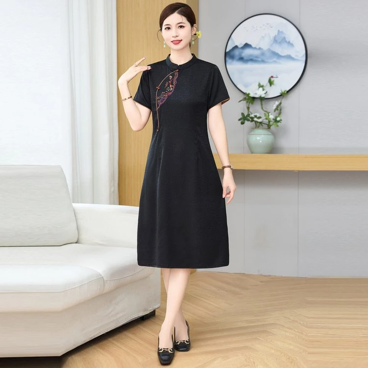 妈妈夏装新中式高贵连衣裙中老年女装洋气提花短袖裙子40岁50