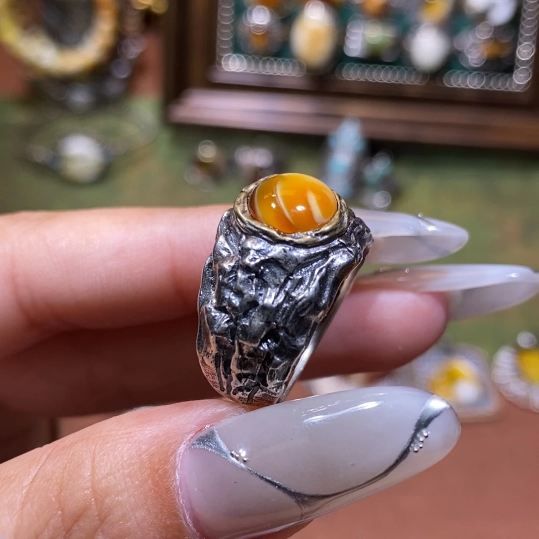 琥珀银S925镶嵌戒指