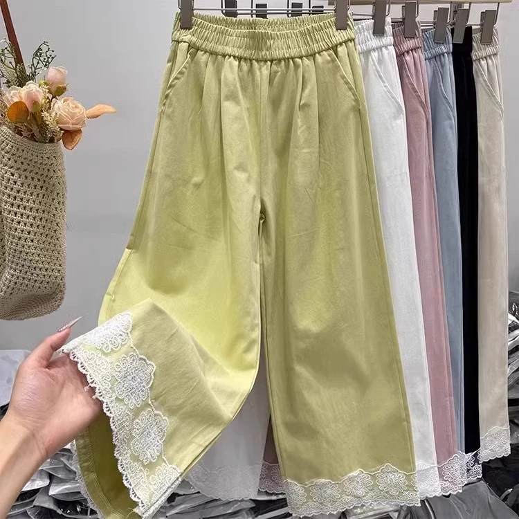 黄色阔腿裤女夏季薄款小个子九分垂感山本裤直筒宽松蕾丝花边裤子