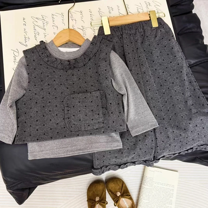 【三件套】女童套装马甲春秋季2025新款儿童洋气打底衫花边裤子童装