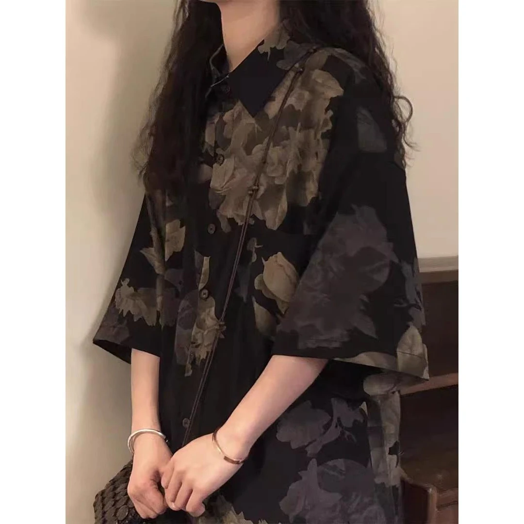 夏季薄款日系复古短袖花衬衫男女休闲宽松港风高级感五分袖衬衣潮