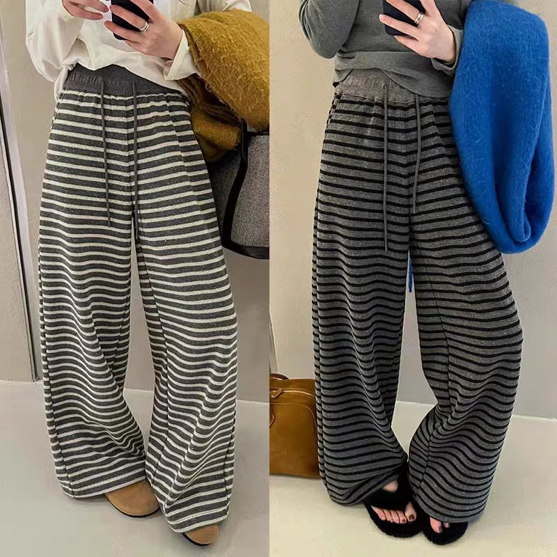 撞色条纹阔腿裤女2025春季宽松慵懒感休闲裤高腰垂感显瘦拖地长裤