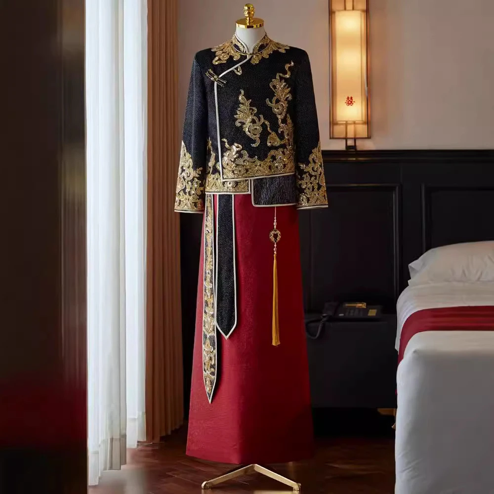 秀禾服男装2025新款中式礼服结婚新郎敬酒服汉服男士男款黑色大码
