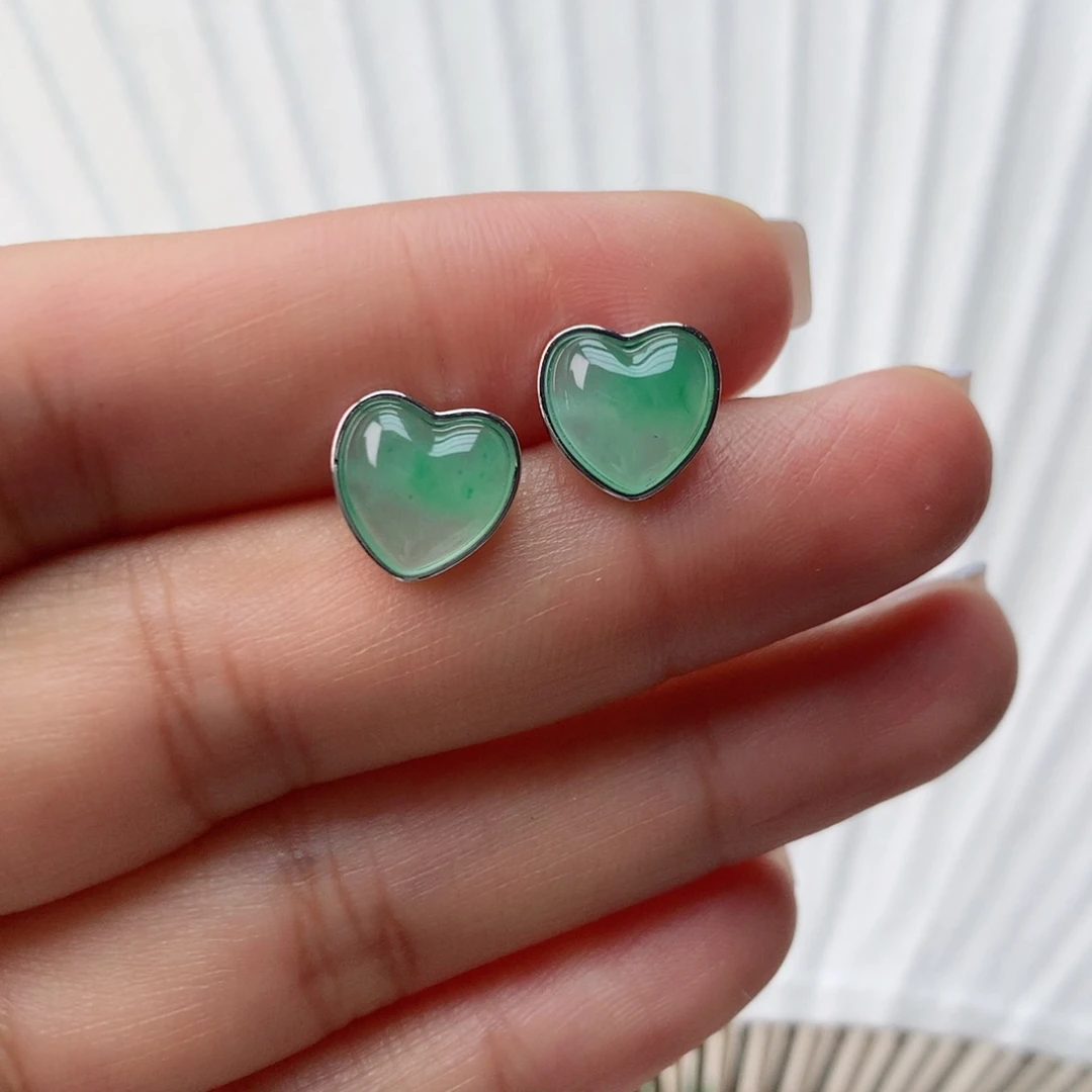 清***浅石英质玉（非洲翠）冰飘花精品耳钉银S925镀金镶嵌