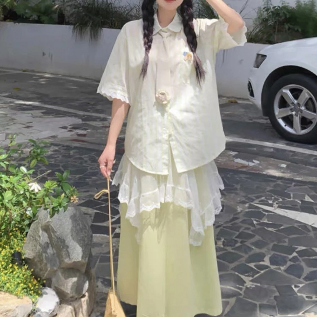 一整套森系甜美减龄设计漂亮衬衫两件套装裙1562