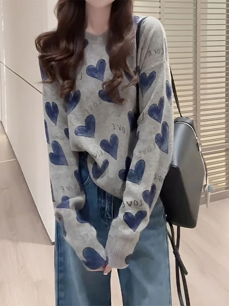 灰色慵懒风刺绣长袖针织衫女装2025新款秋款宽松显瘦洋气减龄上衣