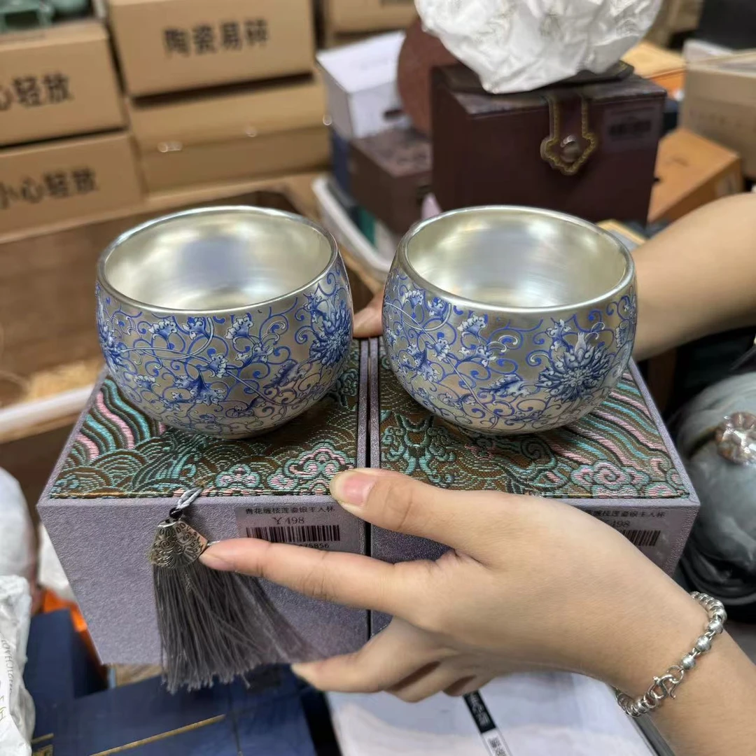 【闪购商品】周鸿杰鎏银青花缠枝莲主人杯 30082g