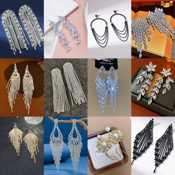 铜合金合成锆石耳饰 夸张款长款流苏新娘复古耳环饰品时尚集合