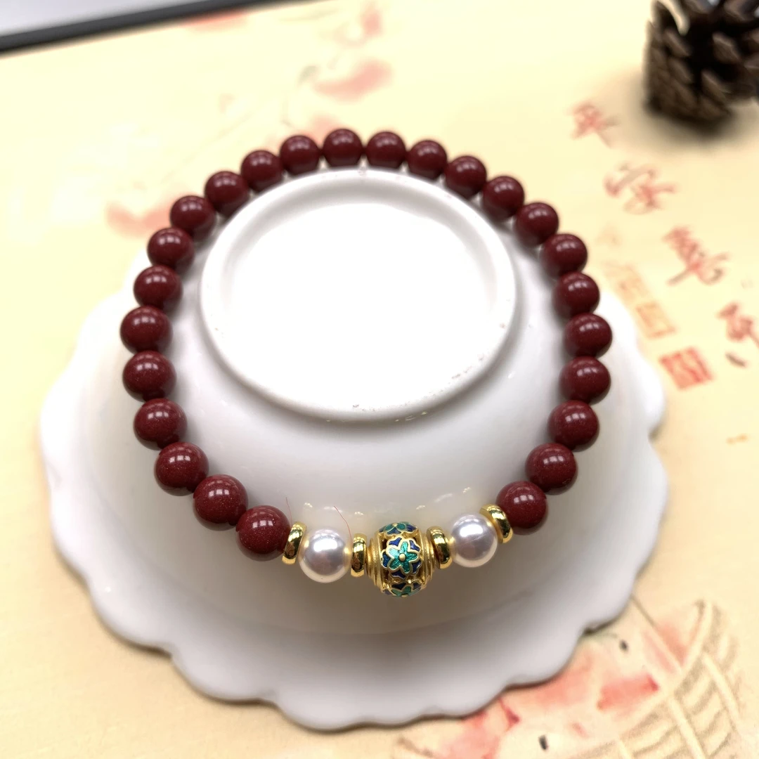 含辰砂工艺品高含量紫金砂6mm搭配景泰蓝镂空单珠款女士手链