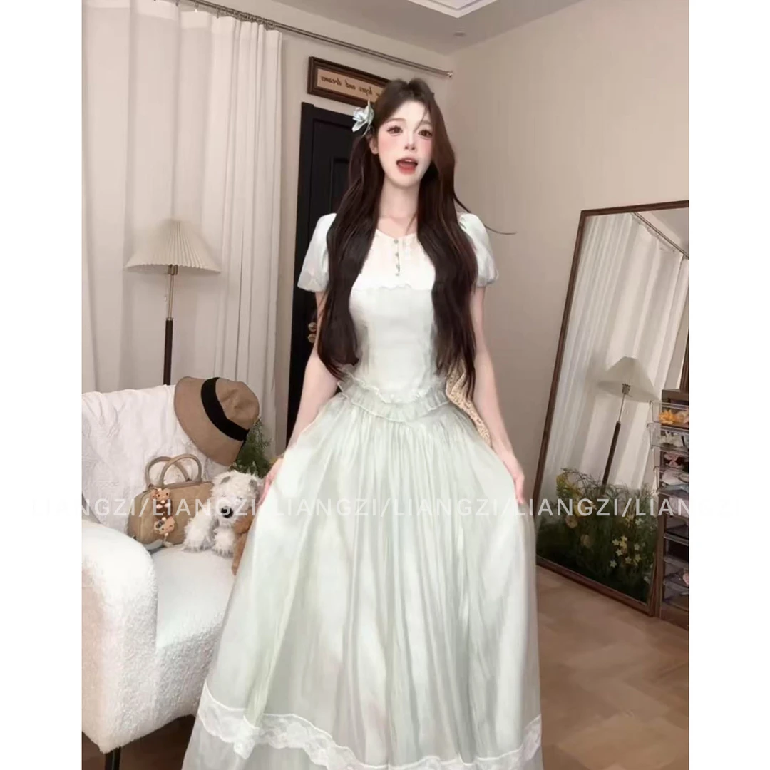 梁子【清涧栖蝶】夏季少女感泡泡袖上衣收腰拼接蕾丝半身裙套装