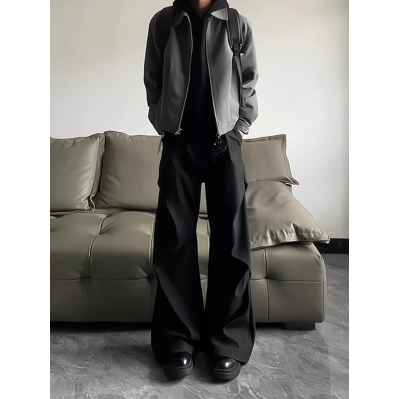 黑色美式垂感弯刀西裤男秋冬褶皱加绒阔腿裤子cleanfit休闲直筒裤