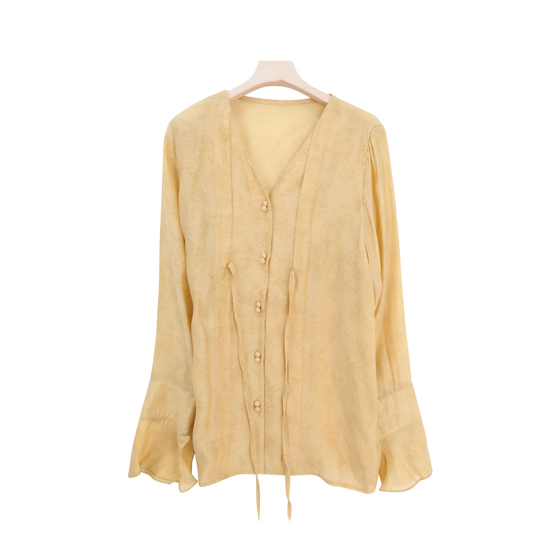 E6932新中式暗纹花瓣袖抽绳收腰衬衫