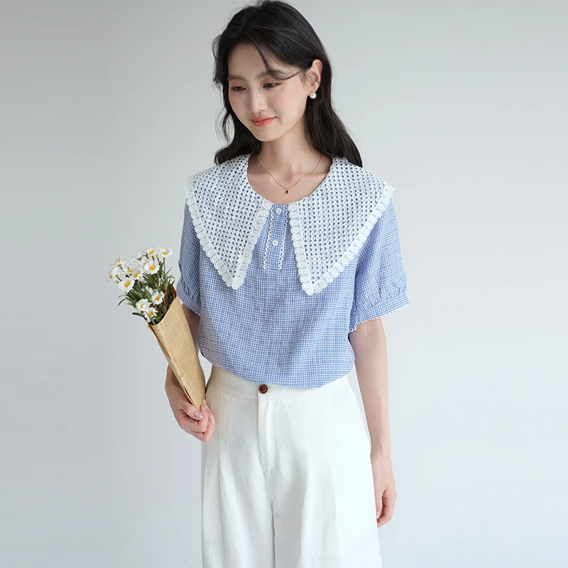 【甜美蕾丝娃娃领格纹衬衫】蓝若水大码2025夏新款小清新上衣83236