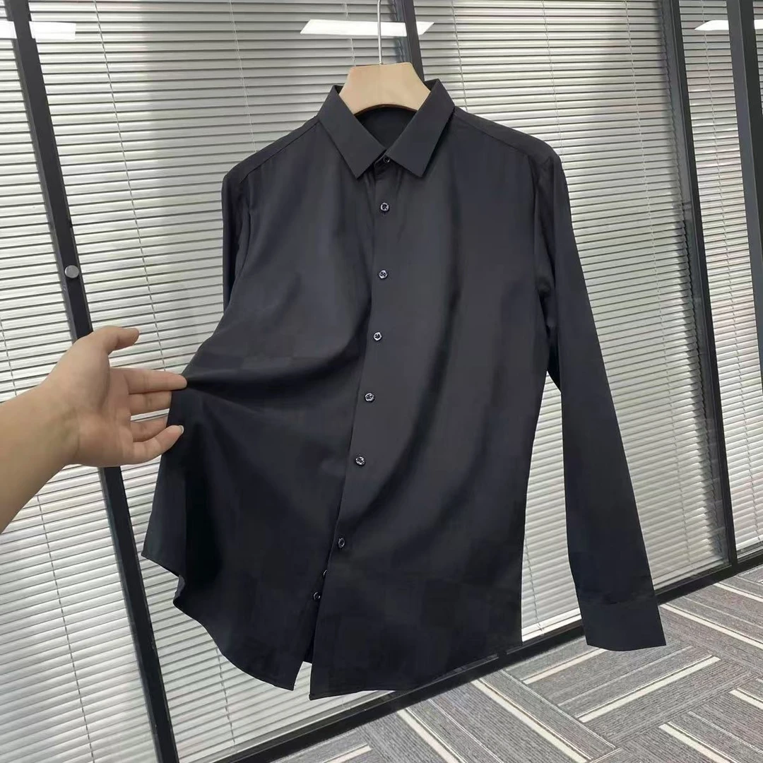 轻奢 秋季新款男士商务休闲无痕压胶简约通勤长袖印花衬衫