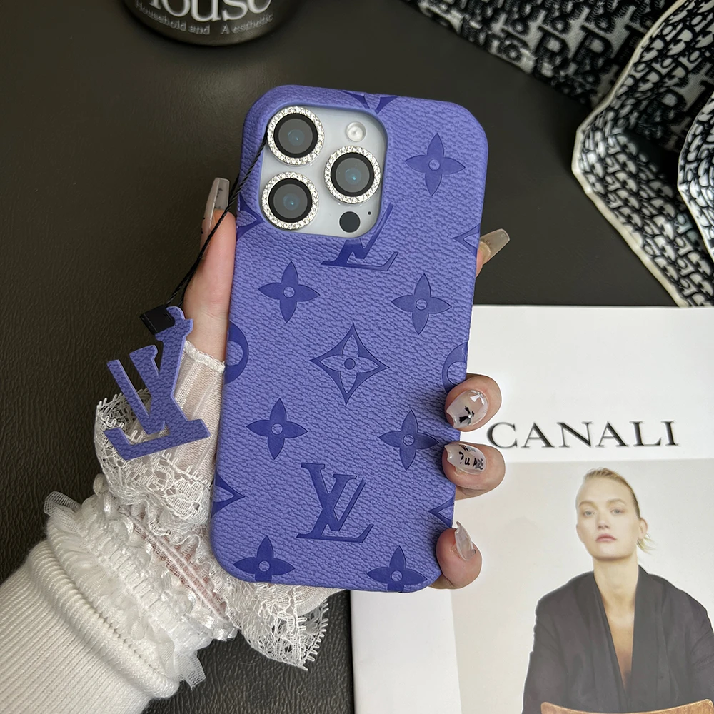 苹果16手机壳15promax暗紫色老花荔枝纹三包14高级感13适用12大牌