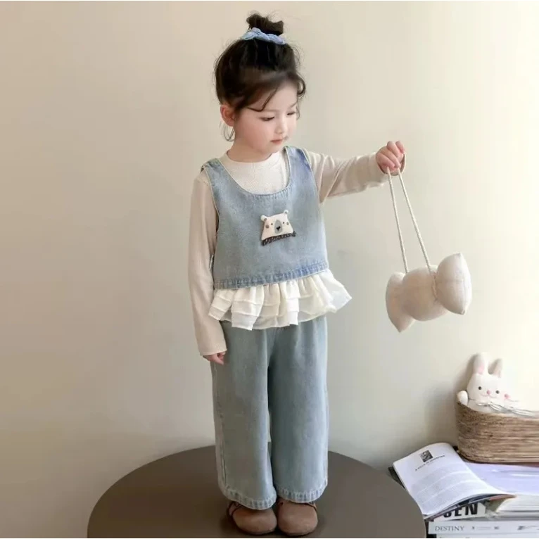 女童春装套装2025新品洋气儿童网红牛仔背心上衣宝宝牛仔裤三件套