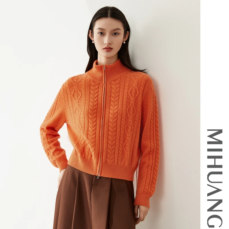 《晨粉专享价》秋冬新款翻领厚款宽松慵懒拉链羊绒开衫552181