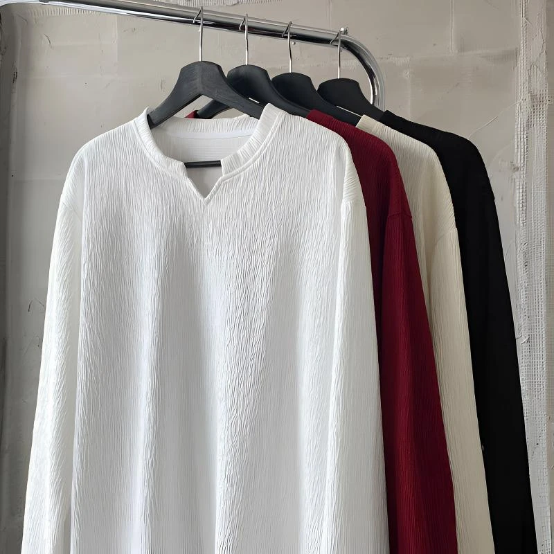 肌理感V领长袖T恤男秋季新款潮牌休闲百搭穿搭宽松纯色打底衫卫衣