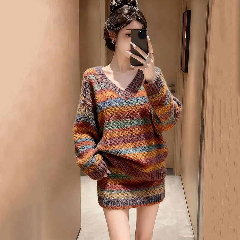 大码毛衣套装条纹针织上衣短裙两件套女2025深冬小香风穿搭一整套