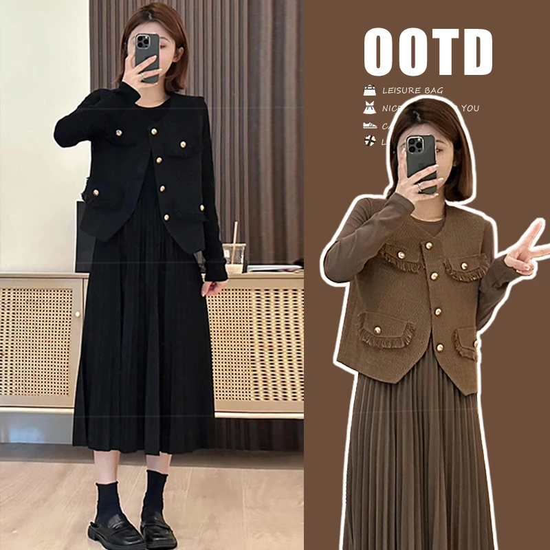 「小清优选」2025新款早春小香风连衣裙孕妇套装洋气百褶两件套春款