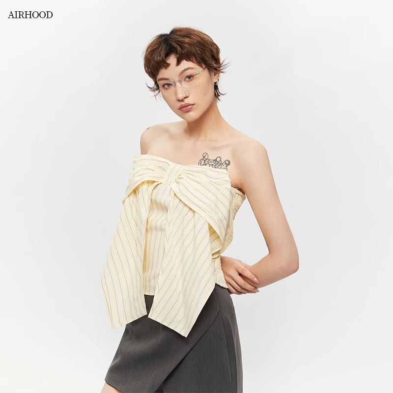 AIRHOOD 纯欲蝴蝶结撞色条纹抹胸无袖T恤女修身短款辣妹上衣N5240