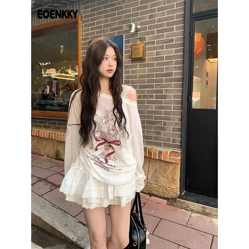 胖mm春夏洋气防晒印花百搭斜肩长袖上衣半裙慵懒两件套装显瘦韩版