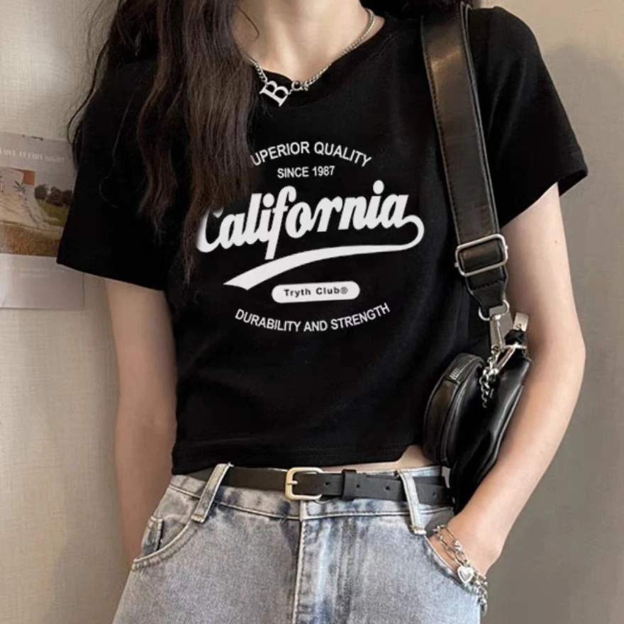 娟儿家2025春夏字母印花宽松休闲百搭显瘦圆领T恤