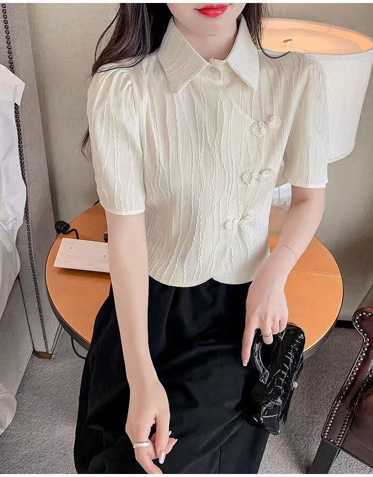 旗袍扣Polo领短袖衬衫女夏季设计感小众法式白色衬衣别致短款上衣