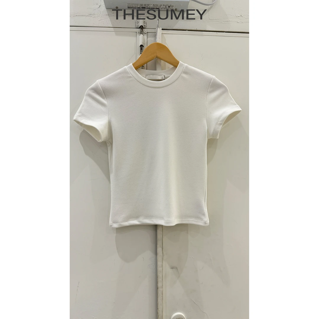 THESUMEY简约圆领短袖t恤女24冬季新款加厚短款内搭打底修身上衣