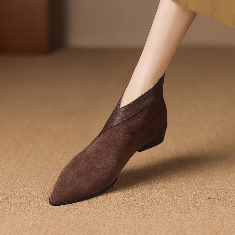 羊皮~3cm秋冬新款马丁靴复古短靴百搭真皮时尚低跟尖头短筒瘦瘦靴