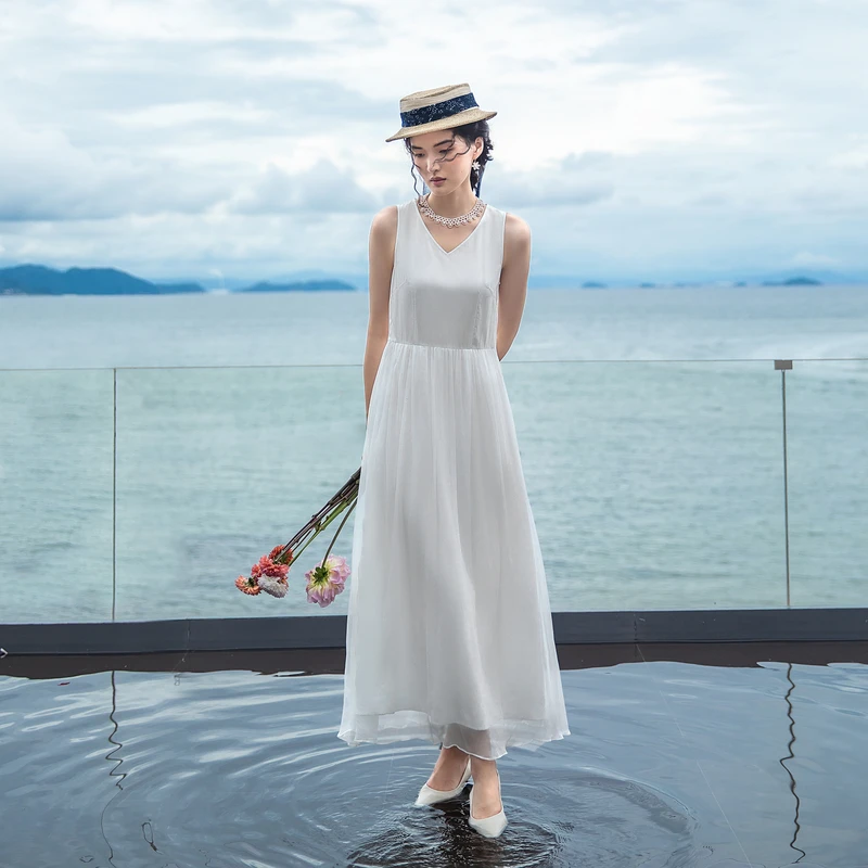 生活在左|时装周走秀款100%桑蚕丝显瘦2023春夏无袖连衣裙1932470