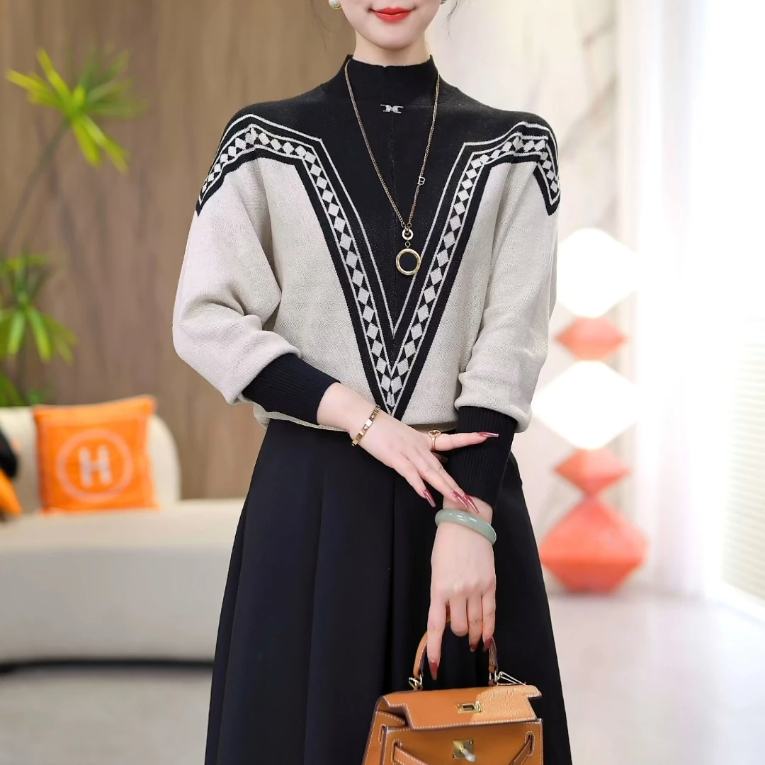 现货【黑白韵律】2025秋冬新款抗起球针织毛衣含绵羊毛保暖套头气质