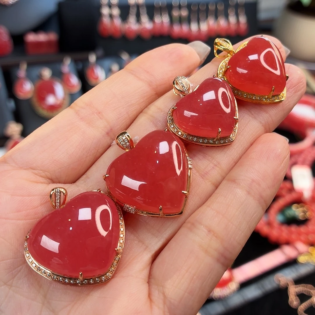 菱锰矿（红纹石）18K金镶嵌吊坠(不含链)