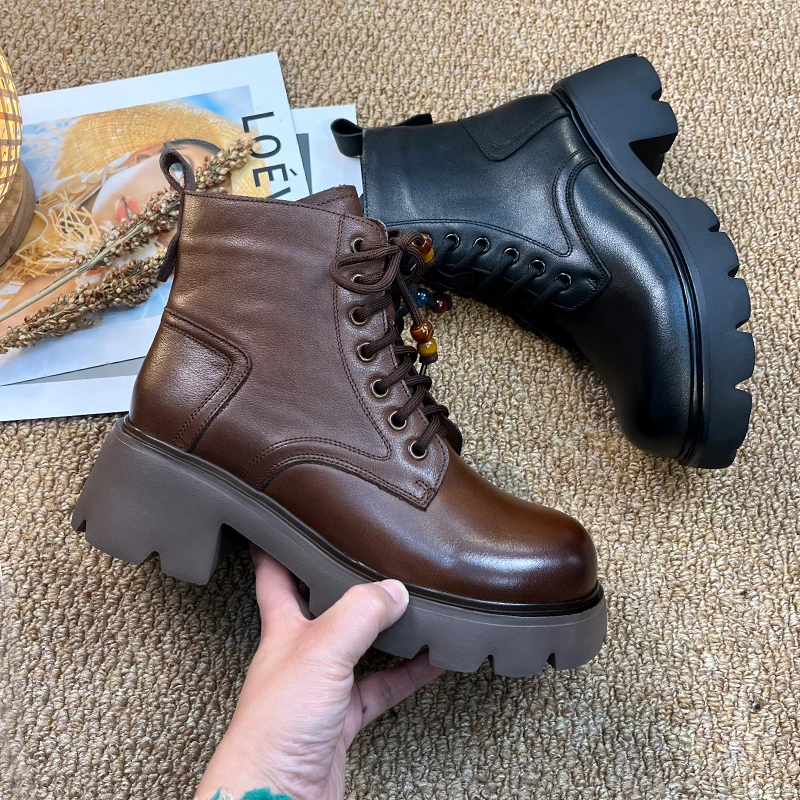 头层牛皮马丁靴女2025秋冬新款英伦厚底增高轻便百搭显瘦真皮短靴