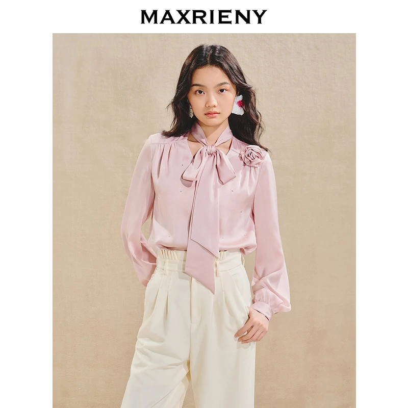 【诗语专属】MAXRIENY慵懒风缎面衬衫女立体玫瑰装饰上衣