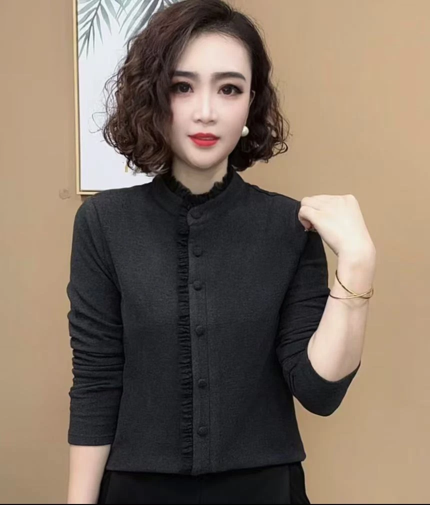 2025新品时尚气质百搭木耳边领长袖减龄显瘦气质女上衣#890