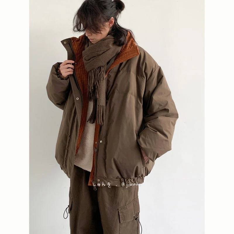 冬季日系复古个性拼布立领两面穿面包棉服男女生宽松加厚保暖外套