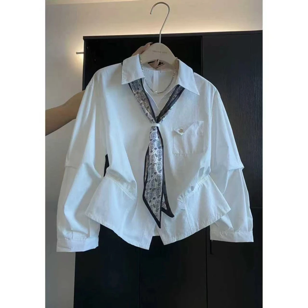 高级感女士翻领丝巾衬衫褶皱开衫秋新款洋气小衫