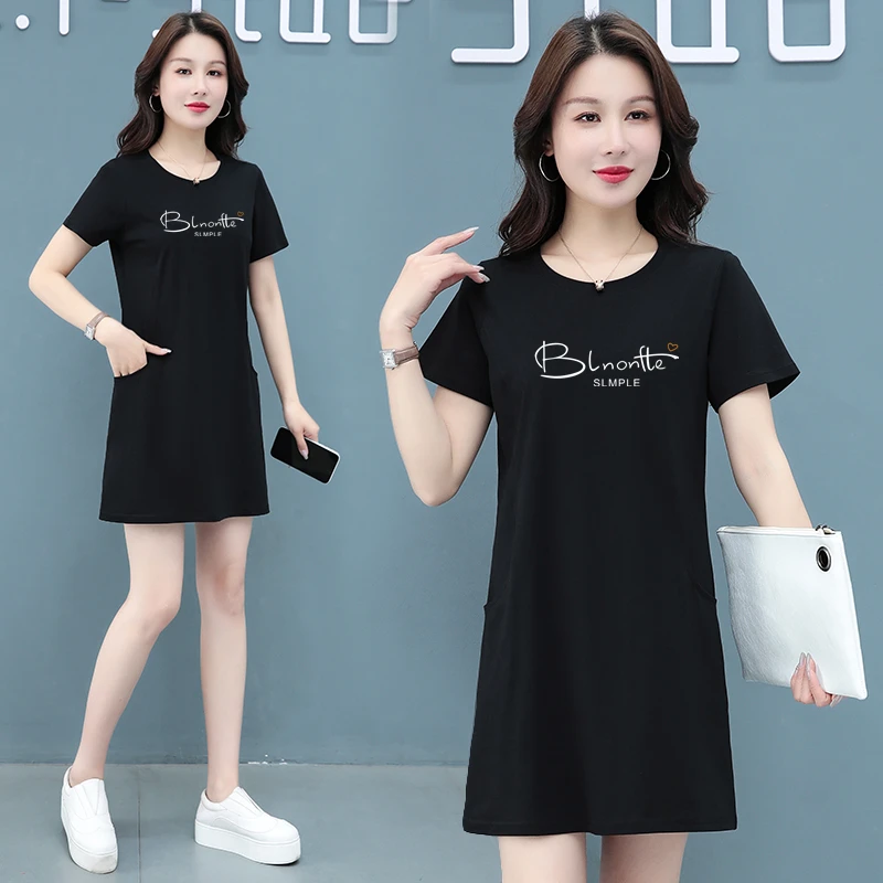 纯棉休闲圆领短袖t恤连衣裙2025新款宽松透气舒适财阀洋气衣服女