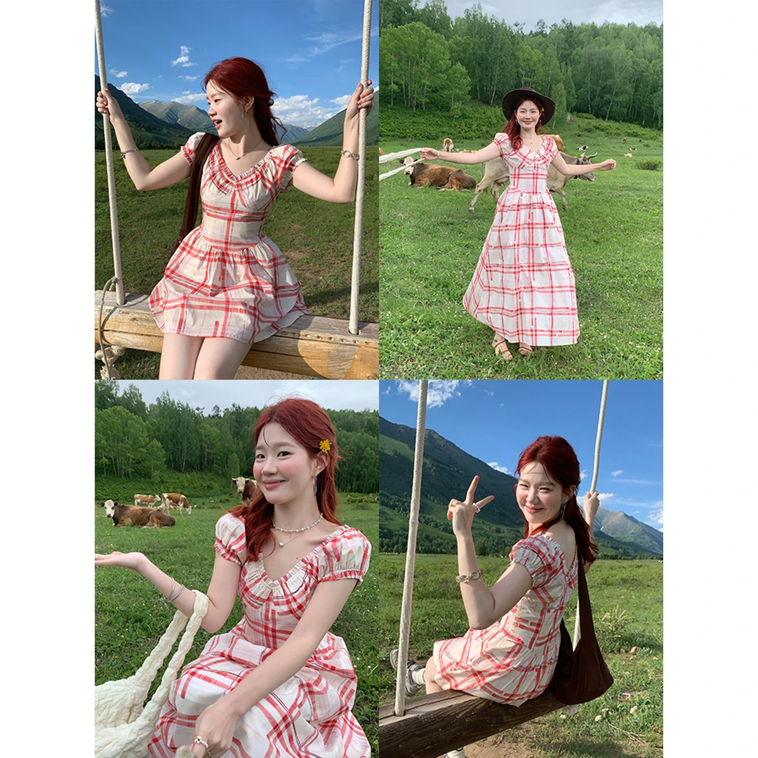 火火【弥夏之恋】韩系v领格子长短款连衣裙L34893HH52+L34895HH52