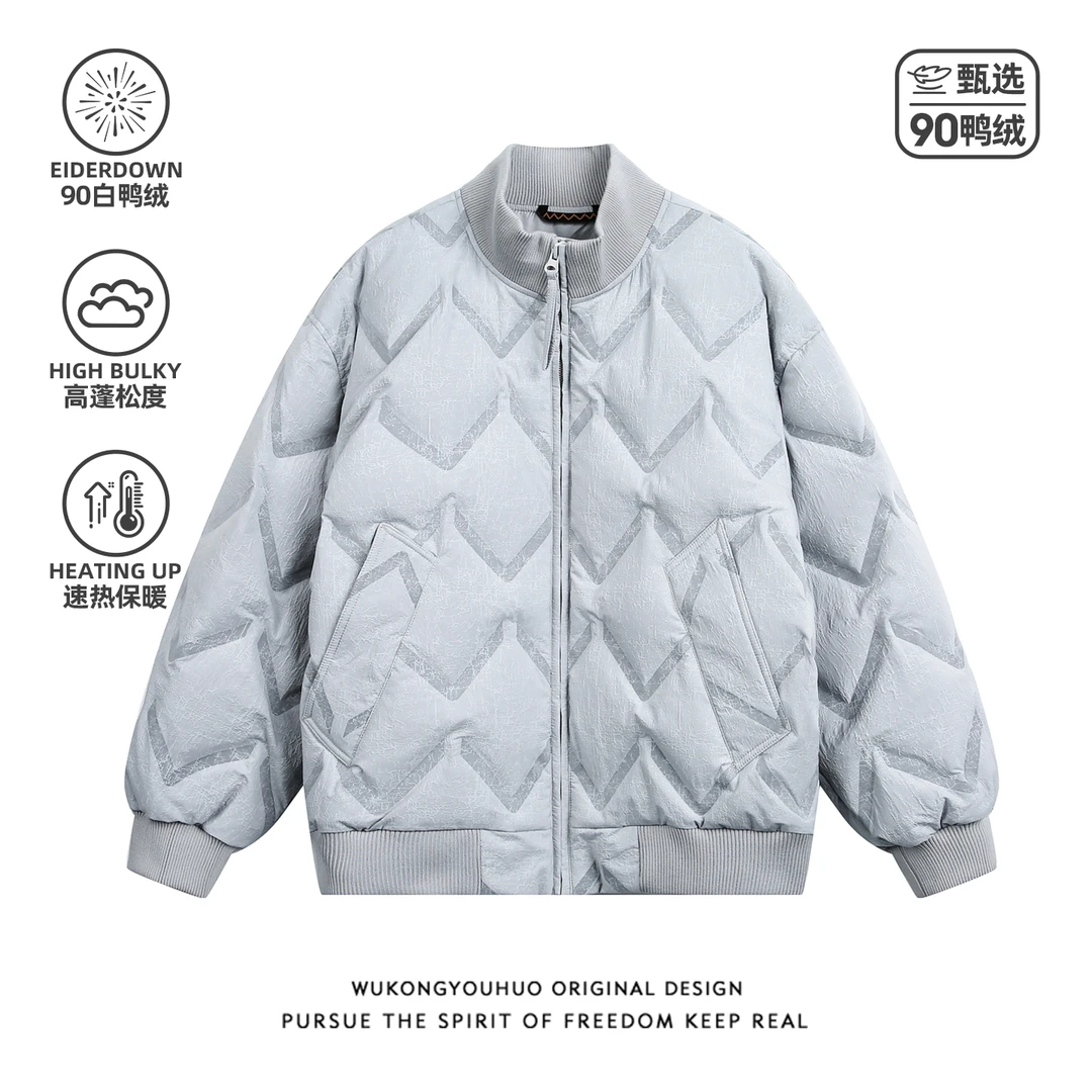 悟空有货美式复古菱格轻薄立领羽绒服男冬季潮牌90绒保暖情侣外套