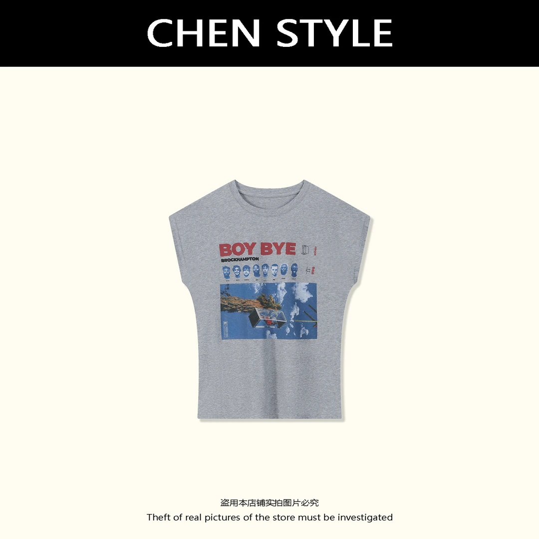 楚楚君【青春范】夏款圆领时尚字母复古美式小飞袖T恤Y39516