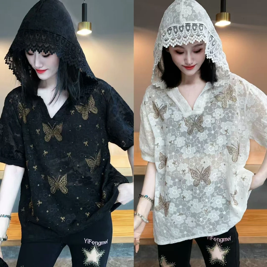 【YJ·高定】2025夏季薄款设计感宽松显瘦气质蕾丝帽衫半袖女 YY2285