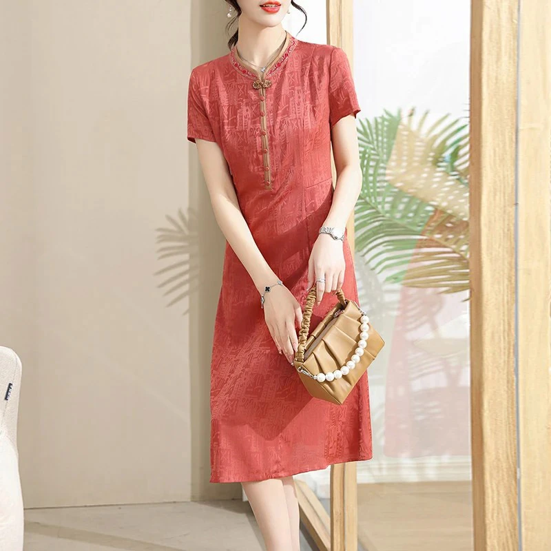 王小鸭2025夏季新款改良旗袍裙气质优雅洋气修身中老年短袖连衣裙